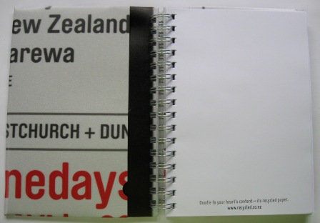 Inside view of the recycled Creative NZ capaign poster notebooks